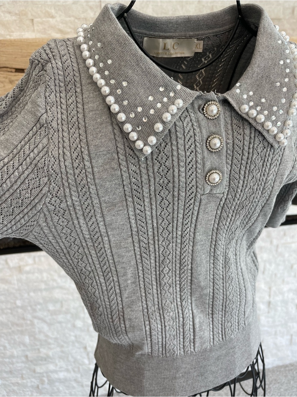 Grey Pearl-Rhinestone Embellished Knit Sweater